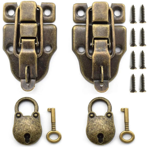 Retro Bronze Old School Duckbilled Toggle Hasp Latch And Antique Padlock Kit for cabinets and boxes with screws shown