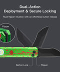 EDC Folding Pocket Knife With Rechargeable Flashlight 2 In 1 Button Lock D2 Steel Blade in Zombie Green showing flipper and lock