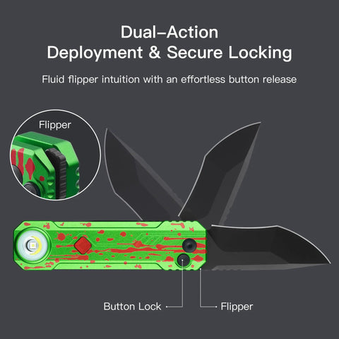 EDC Folding Pocket Knife With Rechargeable Flashlight 2 In 1 Button Lock D2 Steel Blade in Zombie Green showing flipper and lock