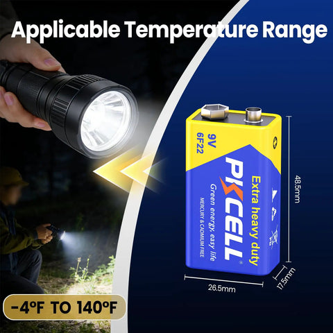 Heavy Duty 9V Batteries 10 Pack Carbon Zinc Power Cells For Smoke Detectors And Home Safety Alarms with flashlight, showing size and use.