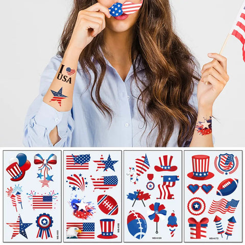 Fourth Of July Temporary Tattoos 90 Piece Set With Patriotic American Flag Fireworks Eagles Red White Blue Fake Tattoo Stickers visible
