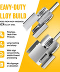 Dual Function Pipe Threading Tool Kit 2 In 1 Internal And External Threading For PVC Pipes One Half Inch And Three Quarters Inch, Electric Drill Compatible, Two Piece Set, Quick Accurate Threading Without Tool Switching on yellow background highlighting heavy-duty alloy build with 40CR steel and sharp, leak-free threads.