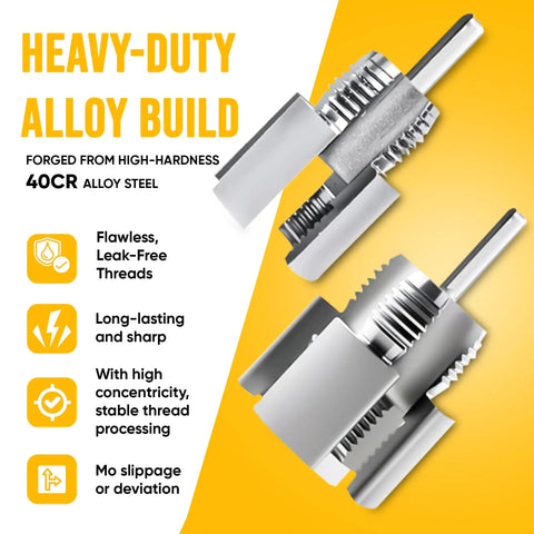 Dual Function Pipe Threading Tool Kit 2 In 1 Internal And External Threading For PVC Pipes One Half Inch And Three Quarters Inch, Electric Drill Compatible, Two Piece Set, Quick Accurate Threading Without Tool Switching on yellow background highlighting heavy-duty alloy build with 40CR steel and sharp, leak-free threads.