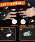 Fathers Day Gift For Dad And Husband LED Flashlight Gloves With Handy Fingerless Design showing battery features and tools
