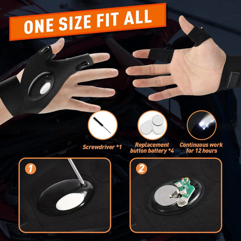 Fathers Day Gift For Dad And Husband LED Flashlight Gloves With Handy Fingerless Design showing battery features and tools