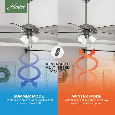 52 Inch Indoor Ceiling Fan With LED Lights And Pull Chain No Remote For Bedroom Or Living Room Five Blades Standard Mount Includes Bright LEDs Matte Silver Finish Easy Install, shown in both summer and winter modes.