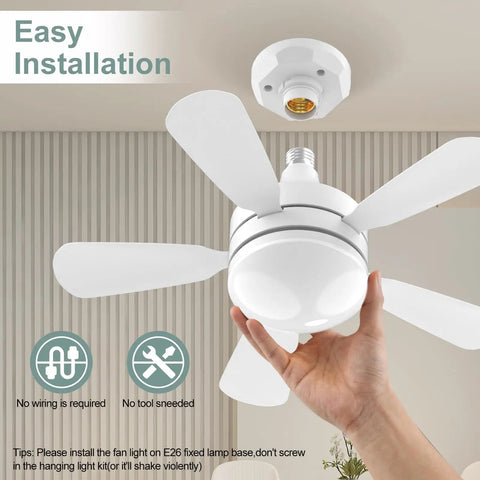 Seventeen Point Seven Inch Socket Fan Light With Remote, held for easy install, showing E26 E27 compatibility.