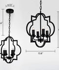 Black Farmhouse 4-Light Chandelier With Adjustable Chain, Lantern Style Pendant Light dimensions, front and side view