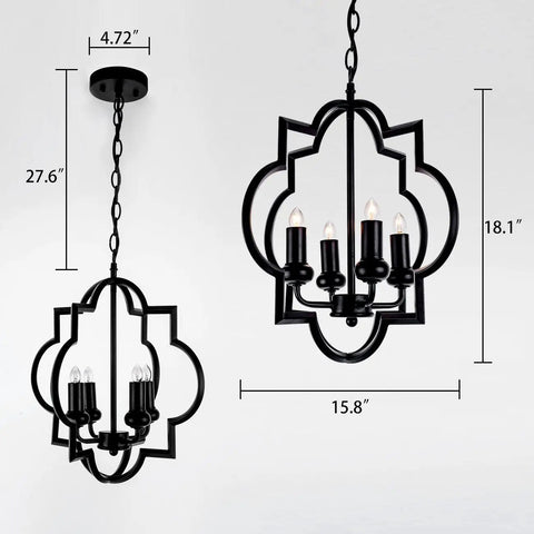 Black Farmhouse 4-Light Chandelier With Adjustable Chain, Lantern Style Pendant Light dimensions, front and side view
