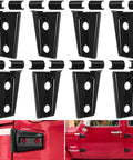 Eight black door hinge cover trim pieces for Jeep Wrangler JK/JKU; loose parts and installed on red Wrangler.