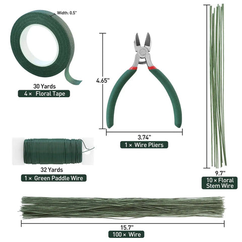 All In One Flower Wire And Tape Kit For DIY Bouquets That Has You Covered Includes 26 Gauge And 18 Gauge Stem Wires 22 Gauge Paddle Wire Floral Tape And Green Floristry Supplies Cutter Included showing different components