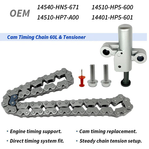 Cam Timing Chain 60L With Tensioner Kit For Honda Rancher Foreman and Pioneer ATVs displayed with chain and tensioner parts.