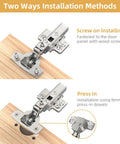 Tough As Nails Soft Close Cabinet Hinges For Frameless Half Overlay Doors showcasing screw and press-in installation methods.