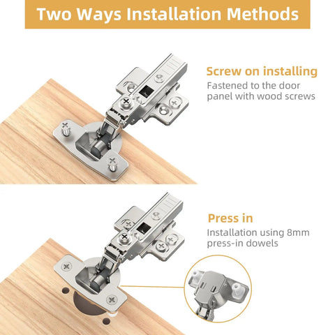 Tough As Nails Soft Close Cabinet Hinges For Frameless Half Overlay Doors showcasing screw and press-in installation methods.