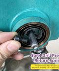 Heavy Duty Drill Press Return Springs Assortment Kit With Five Practical Sizes For Bench Drills And Shop Rigs Top Shelf Spring Steel Quill Feed Reset Coil Assembly installed in drill press with hand holding bolt.
