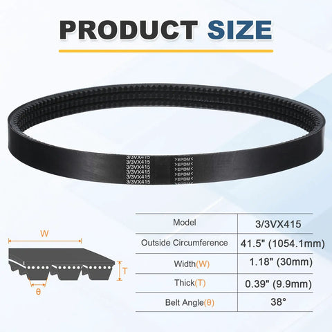 Heavy Duty Cogged EPDM V-Belt 3-Banded 41.5 Inch Outside Circumference 1.18 Inch Wide 0.39 Inch Thick Oil-Resistant
