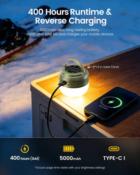 Rechargeable Camping Lantern With 5000mAh Battery, 400 Hour Runtime, illuminating outdoor setting with a smartphone charging nearby.