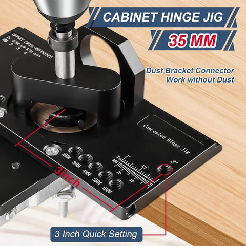 Concealed Cabinet Hinge Jig With Quick Clamp And Dust Vacuum Adapter, 35mm Door Hinge Locator for woodworking in action.