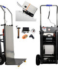 Camini Electric Stair Climbing Hand Truck Dolly Cart With 661 Lbs Capacity And 600 W Motor Heavy Duty Folding Design with accessories.