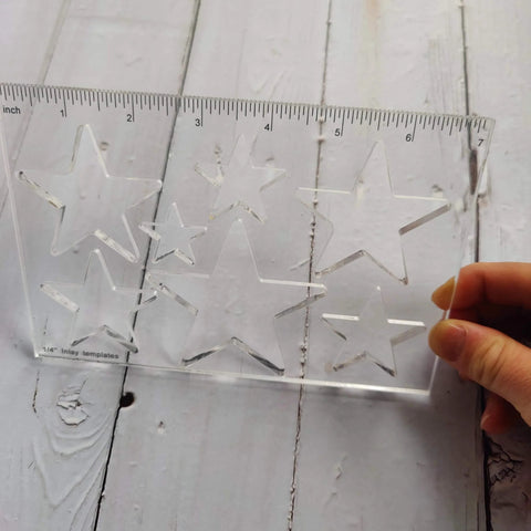 Bowtie Router Template Kit For Woodworking One Quarter Inch Thick Acrylic Jig With Star Inlay, clear laser-cut template