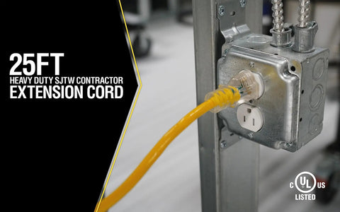 Yellow Jacket Heavy Duty Outdoor Extension Cord With Lighted End, Tough As Nails, Weather Resistant SJTW Jacket, 12 Gauge Construction For Powering Tools And Equipment On Job Sites, 25 Foot, shown plugged into an outlet.
