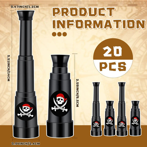 Twenty Piece Pirate Party Favors Telescopes For Kids And Toddlers Five Point Five Inch Retractable Toy Telescopes For Pretend Play Kid Friendly Party Supplies For Birthdays Halloween Treasure Hunt Fun, black pirate telescopes 5.5in and 2.6in