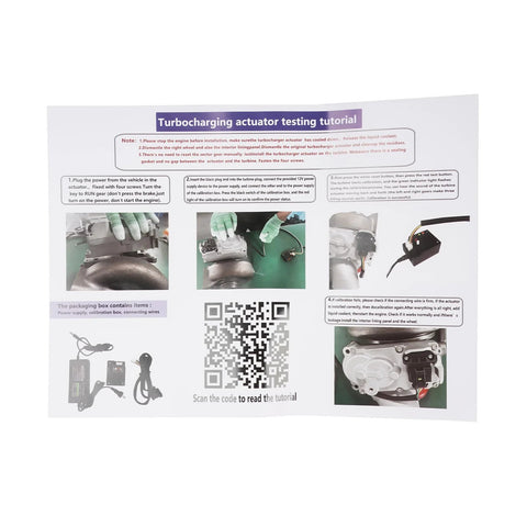 Turbocharger actuator testing tutorial sheet with step-by-step photos and a QR code