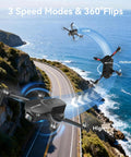 4K Camera Drone For Beginners With 90 Degree Adjustable Lens Foldable Quadcopter Brushless Motors 36 Minutes Flight Time Two Batteries Optical Flow Hover Under 249 Grams Black flying over coastal road demonstrating speed modes and 360 flips.