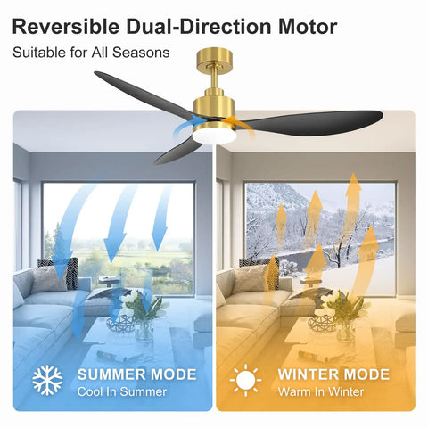 52 Inch Ceiling Fan With Lights And Remote Quiet Dc Motor 3 Reversible Blades Dope Modern Gold And Black Finish in living room