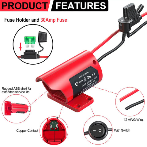 M12 Battery Adapter For Milwaukee Packs 12V Conversion Kit with fuse, switch, and 12 AWG wire, close-up view of components