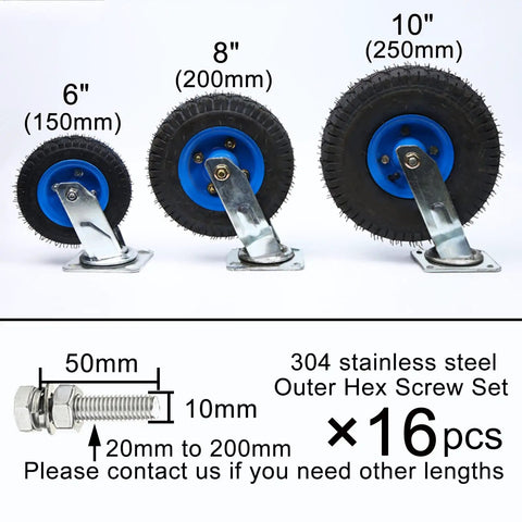 Heavy Duty Rubber Swivel Caster Wheels 6 8 10 Inch with reinforced steel hubs and pneumatic tires for utility carts.