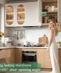Modern kitchen showing Soft Close Concealed Cabinet Hinges Half Inch Overlay 70 Pack 35 Pairs in use, open cabinet with hinges.