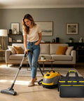 Slick Steam Cleaner Carry Case Featuring Dang Generous Internal Pockets And Hassle Free Straps For Keeping Your Floor Steamer Nozzles And Hoses Super Tidy Anywhere next to a woman using a steam cleaner.