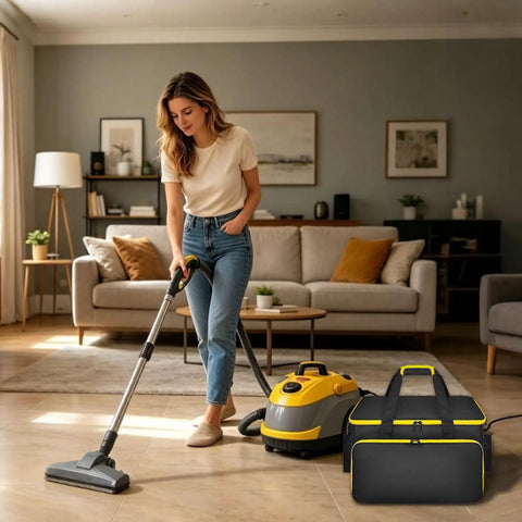 Slick Steam Cleaner Carry Case Featuring Dang Generous Internal Pockets And Hassle Free Straps For Keeping Your Floor Steamer Nozzles And Hoses Super Tidy Anywhere next to a woman using a steam cleaner.
