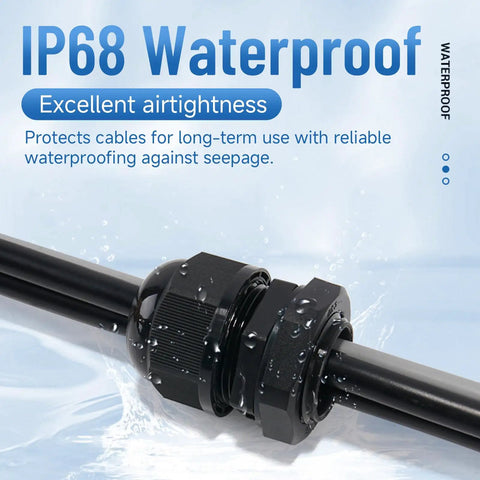 Waterproof Cable Gland Set showcasing IP68 airtight seal on black cable in outdoor setting