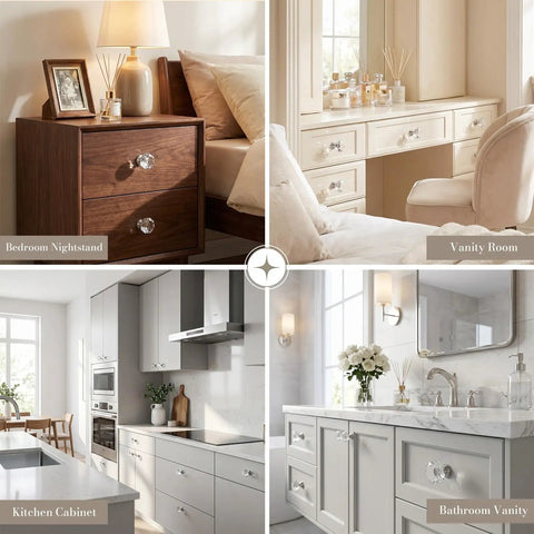 30 Pack Sparkling Clear Glass Cabinet Knobs 1 1/4 Inch Silver Polygon Drawer Pulls on a stylish vanity and cabinets.