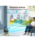 12 Inch Cordless Floor Fan Built With Rugged Metal Frame And Brushless Motor For Slick High Velocity Airflow Perfect For Camping Or Garage Use Featuring Zero Plug Hassle And Heavy Duty Reliability, positioned near a man working.