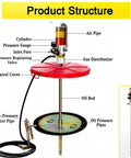 Heavy Duty Pneumatic Grease Gun With A 50 To 1 Air Operated Pressure Ratio Extended Tube For Construction And Farm Equipment No Sweat Lubrication Setup product structure diagram showing components like cylinder, gauge, and valve.