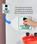Eye Wash Station Sign 2 Pack 6 By 6 Inches Acrylic Signs With Pre Drilled Holes Including Screws For Office And Business Use UV Resistant Waterproof No Fade installed near eyewash station with protective film being removed.