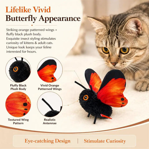 Totally Interactive Cat Butterfly Toy With Sensor Flight And Realistic Wing Motion That Sparks Hunting Instincts, Durable Plush Flapping Butterfly For Solo Indoor Play, Yellow 1pc, black plush butterfly with orange wings