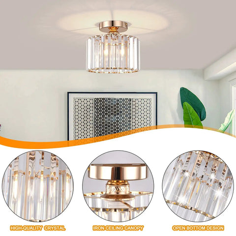 Semi Flush Mount Crystal Chandelier Gold Finish Ceiling Light Fixture For Living Room Bedroom Hallway Bathroom Kitchen Entryway Small Close To Ceiling Dope Chic Decor with crystal and gold details