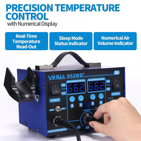 Hand adjusting 862BD+ 2-In-1 Soldering Iron And Hot Air Rework Station With Fahrenheit And Celsius Temperature Control