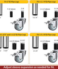 Locking Three Inch Expanding Stem Caster Wheels Set Of Four For Adjustable Tables, Carts And Furniture Legs, Threaded Swivel Casters With Heavy Duty Steel Housing, Fits One In To One And Five Eighths In Inner Diameter, High Load Capacity