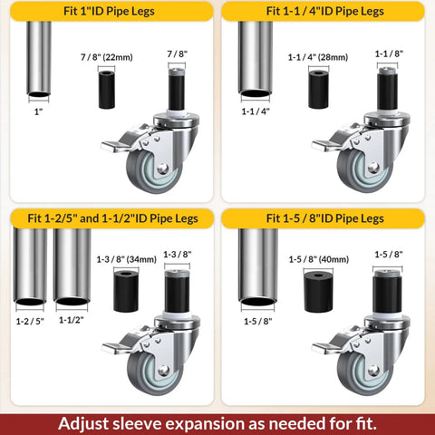 Locking Three Inch Expanding Stem Caster Wheels Set Of Four For Adjustable Tables, Carts And Furniture Legs, Threaded Swivel Casters With Heavy Duty Steel Housing, Fits One In To One And Five Eighths In Inner Diameter, High Load Capacity