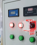 Emergency Stop Button Cover Box Type Transparent Push Button Switch Shield Heavy Duty Boss Level Protective Housing For 22mm To 33mm Button Diameters Clear Case Made From Glass Resin PC Industrial Grade installed on a control panel with glowing red and green buttons.