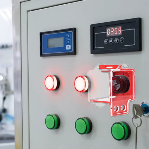 Emergency Stop Button Cover Box Type Transparent Push Button Switch Shield Heavy Duty Boss Level Protective Housing For 22mm To 33mm Button Diameters Clear Case Made From Glass Resin PC Industrial Grade installed on a control panel with glowing red and green buttons.