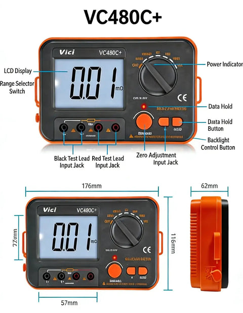 Front view of VC480C Pro-Grade Ultra-Precise Milliohm Meter with 4-Wire Kelvin Clips, 0 adjustment, and backlit LCD display.