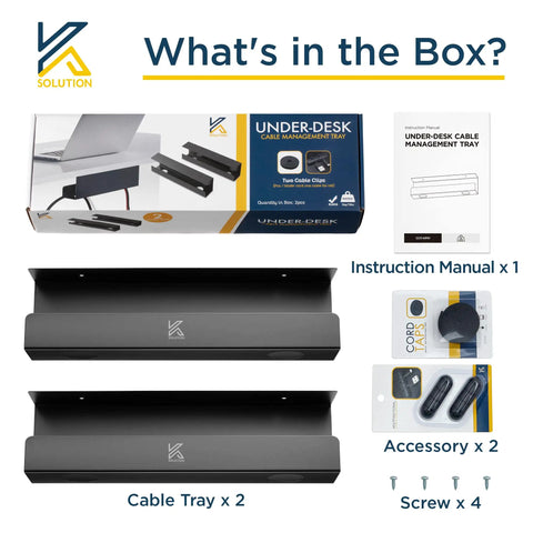 Two Pack Under Desk Cable Management Tray 16.5 Inch Wire Organizer showing contents: two steel trays, instructions, screws, accessories.