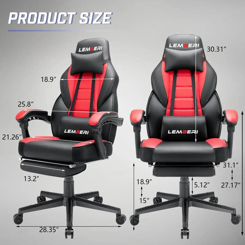 Big And Tall Gaming Chair 400 Lb Capacity Heavy Duty Office Chair With Reinforced Footrest Wide Seat And High Back For PC Desk Red PU Leather Linkage Armrests Thickened Steel Frame shown with dimensions