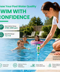 5 In 1 Digital Salt Tester And PH Meter For Saltwater Pools in use, measuring water quality near kids in a pool.